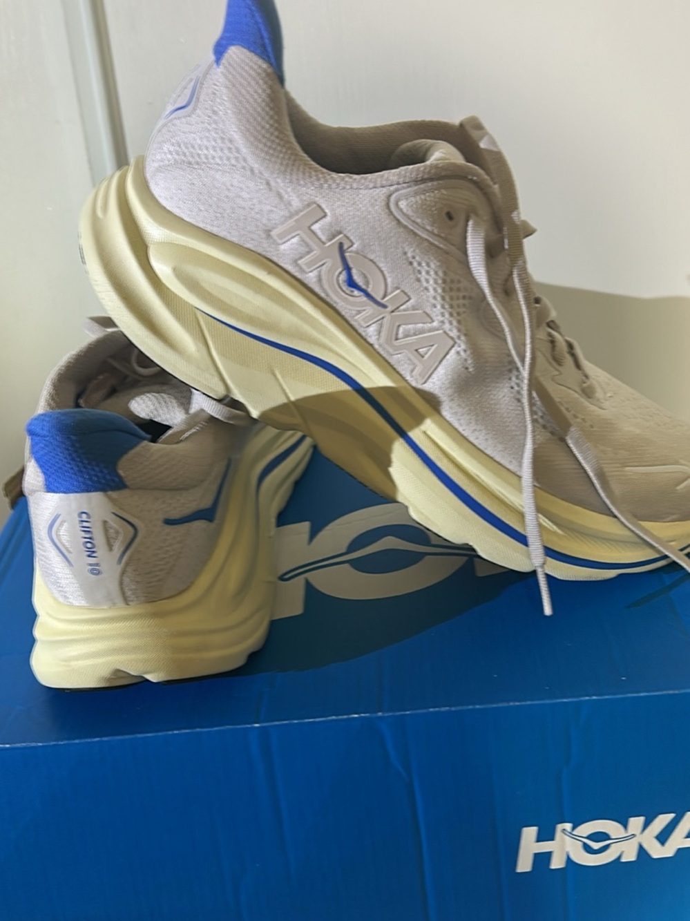 Hoka Men's Athletic Running Shoes Cream with Blue Accents
